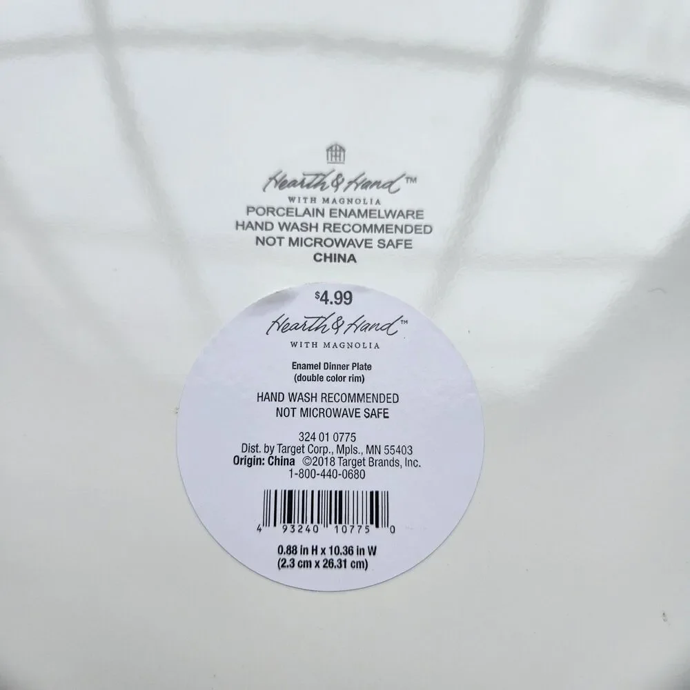 4 Hearth & Hand Magnolia Porcelain Enamel Round Dinner Plates Black Blue Trim